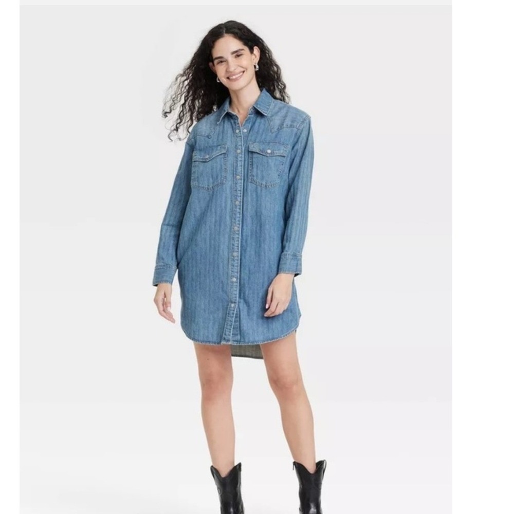 Universal Thread Womens Western Denim Shirt Dress Medium Wash Blue Large NWT